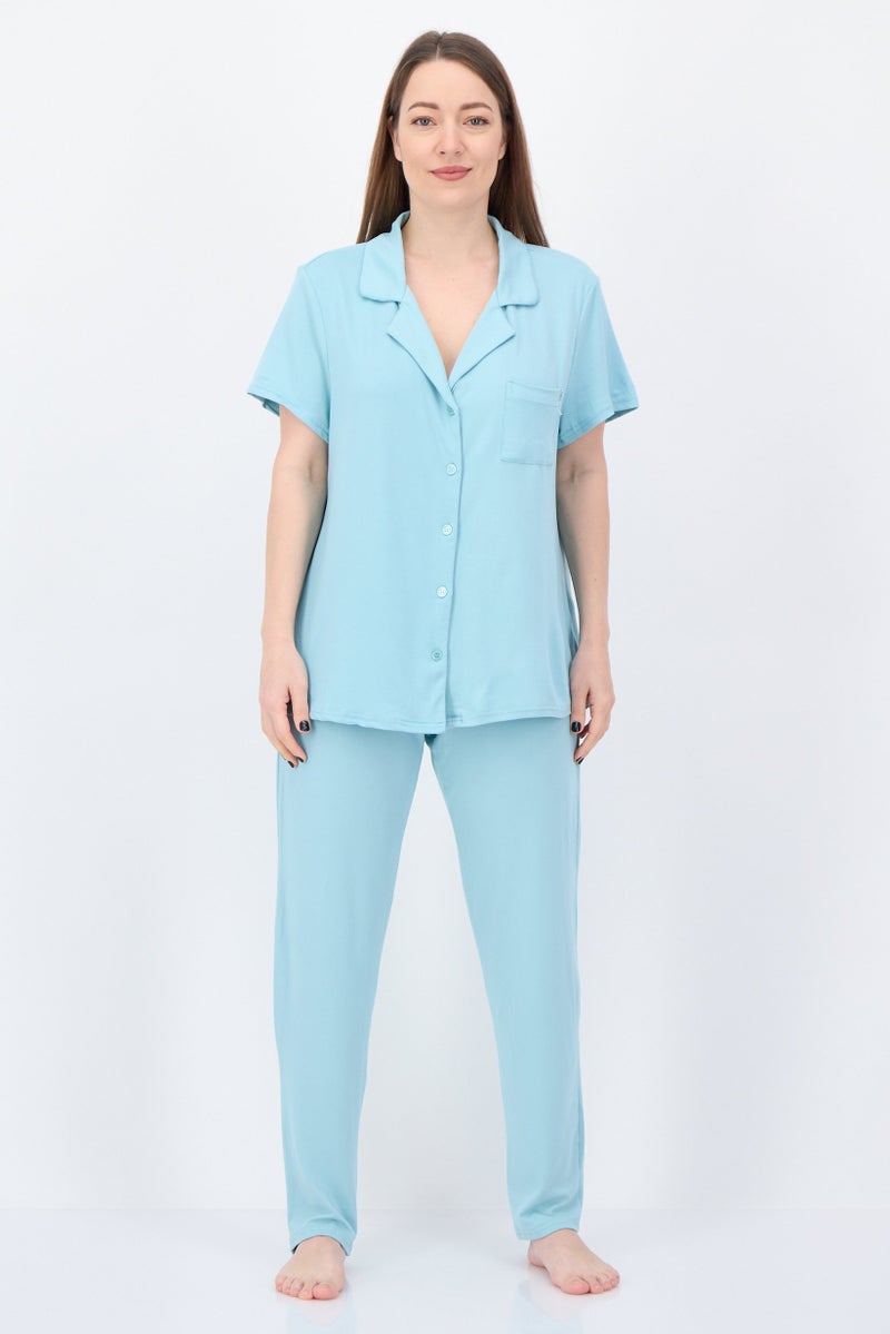 NINE WEST Women 2 Pieces Plain Top And Bottom Pajama Set, Pale Blue - Image 1